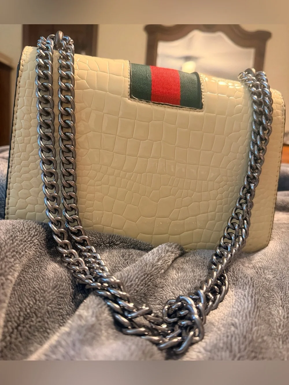 Cream Shoulder Bag with Green-Red Stripe and Decorative Bee Accent, Like New
